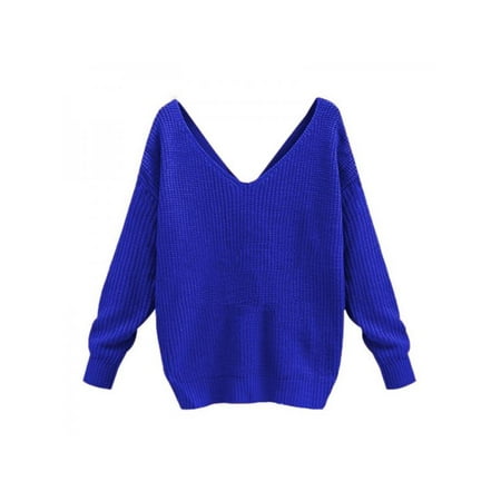 - Topumt Women Loose V-Neck Knitted Pullovers Twisted Back Jumpers