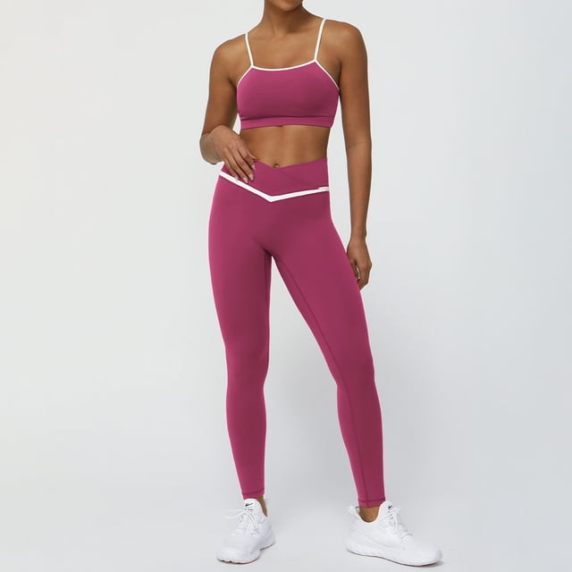 PISONIC Women 2 Piece Workout Sets Color Block Sports Bras Crossover Leggings Set Workout Tracksuit Yoga Outfits
