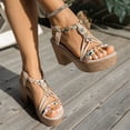 thumbnail image 4 of Rokment Womens Platform Slingback Dress Sandals 2026 Beach Summer Boho Braided Gemstones Chunky Block High Heel Linen Sandals Beige Size 5, 4 of 6