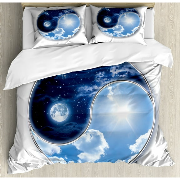 Space King Size Duvet Cover Set, Yin Yang World with Moon and Sun Harmony of the Universe Art Print, Decorative 3 Piece Bedding Set with 2 Pillow Shams, Navy Blue Sky Blue White, by Ambesonne