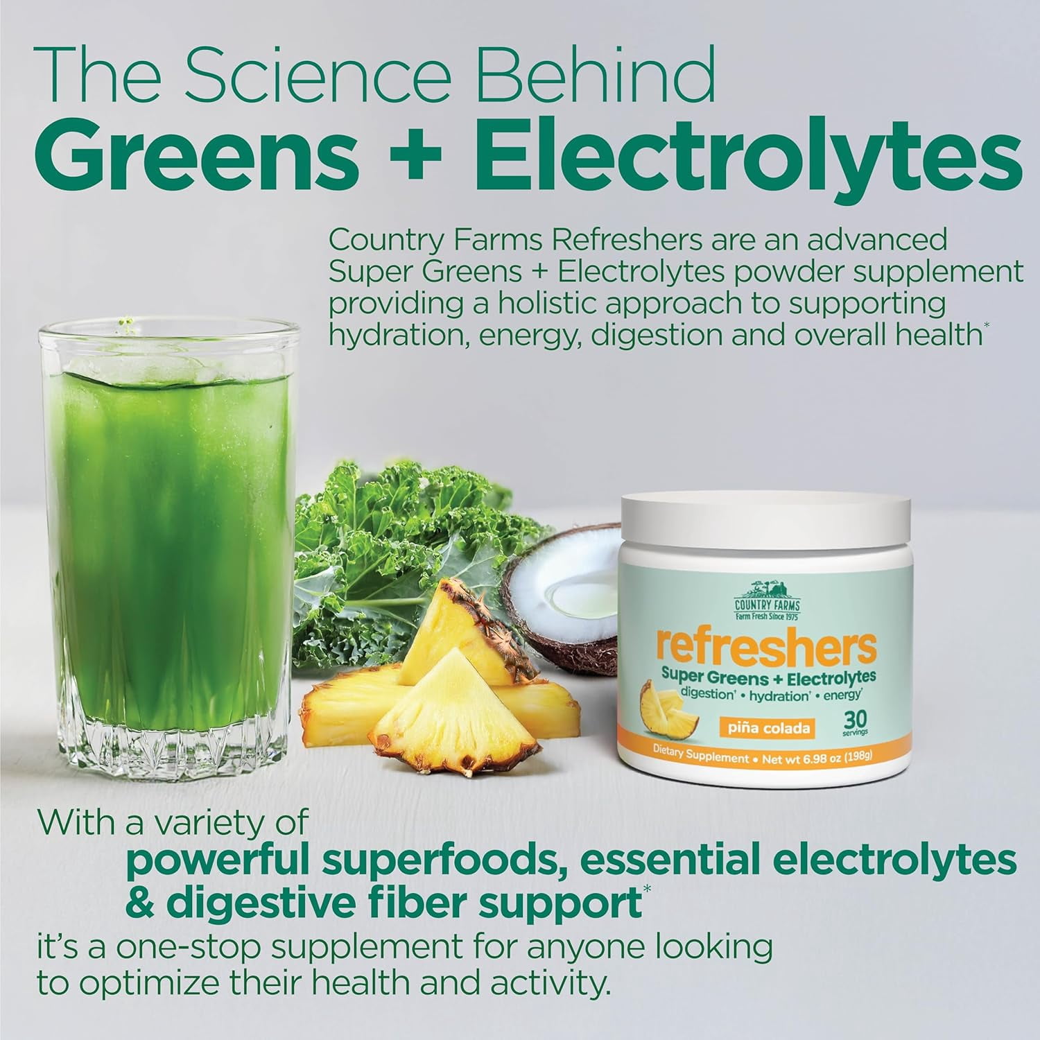 Country Farms Refreshers, Hydration Booster, Electrolytes, Super Greens, Superfoods, Energizing, Digestion, Minerals, Pina Colada flavor, 6.98 oz, 30 Servings