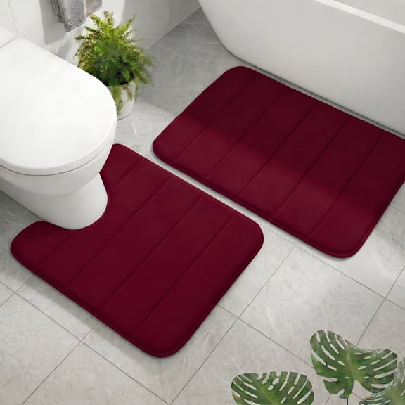 RLESO Memory Foam Bathroom Rugs Sets 2 Piece,Extra Soft Absorbent Quick Dry Bath Mat Set,With U-Shaped Toilet Rug,Machine Washable Non Slip Bath Rugs for Bathroom,Shower and Tub,Burgundy