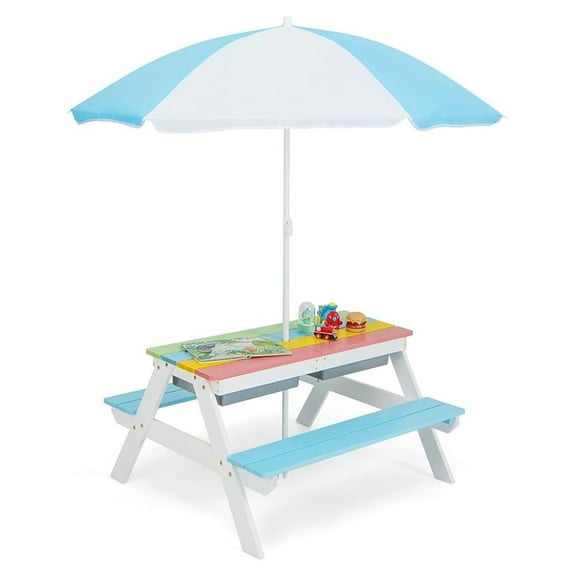 Kids Picnic Table 3-in-1, Toddler Outdoor Table with Umbrella, Water & Sand Table for Garden, Yard - Blue