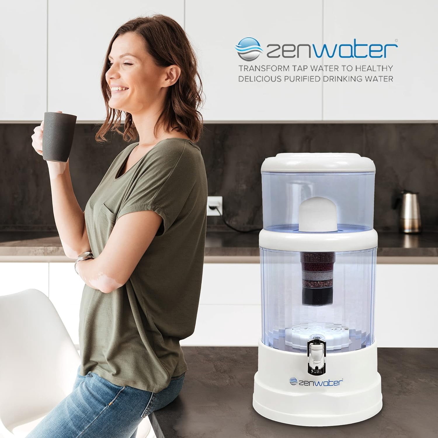 ZENWATER 8 Stage Gravity Water Filteration System - Portable Countertop Water Filter System - Alkaline Water Filter System - 6 Gallon