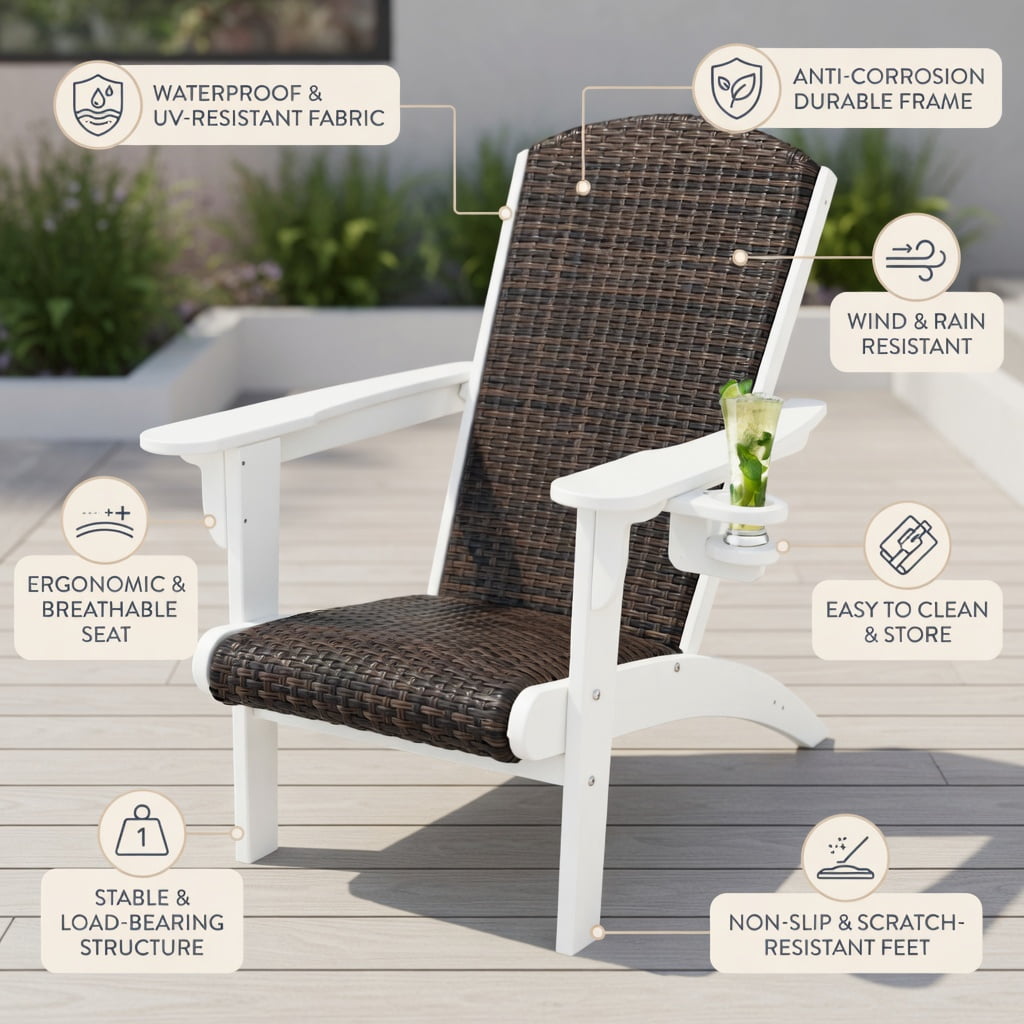 Demi Bonn Outdoor Adirondack Chair with Rattan Padded Seat and Hidden Cupholder, Fire Pit Lounge Chairs for Yard, Garden, Patio, White