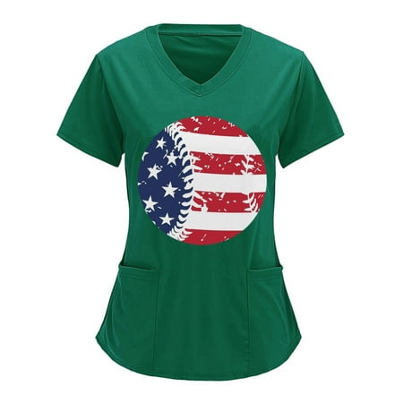 

Scrubs Tops For Women Printed Plus Size Independence Day Print Short Sleeve V-Neck Solid Blouse Tops With Pockets Nursing Uniform