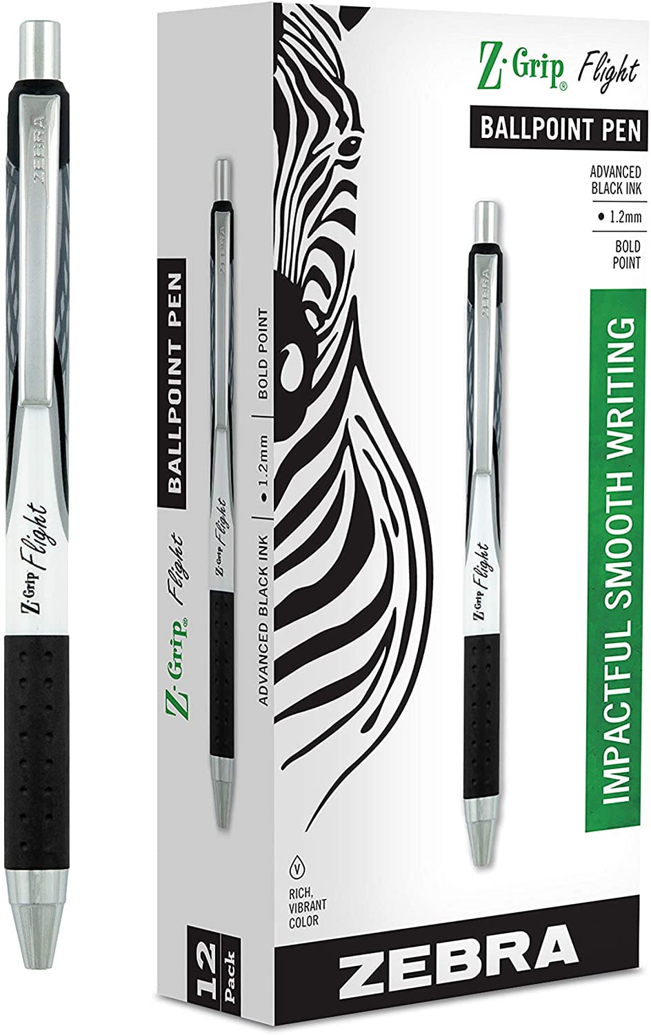 12-Count Bold Point Black Ink Zebra Pen Z-Grip Flight Retractable Ballpoint Pen 1.2mm 