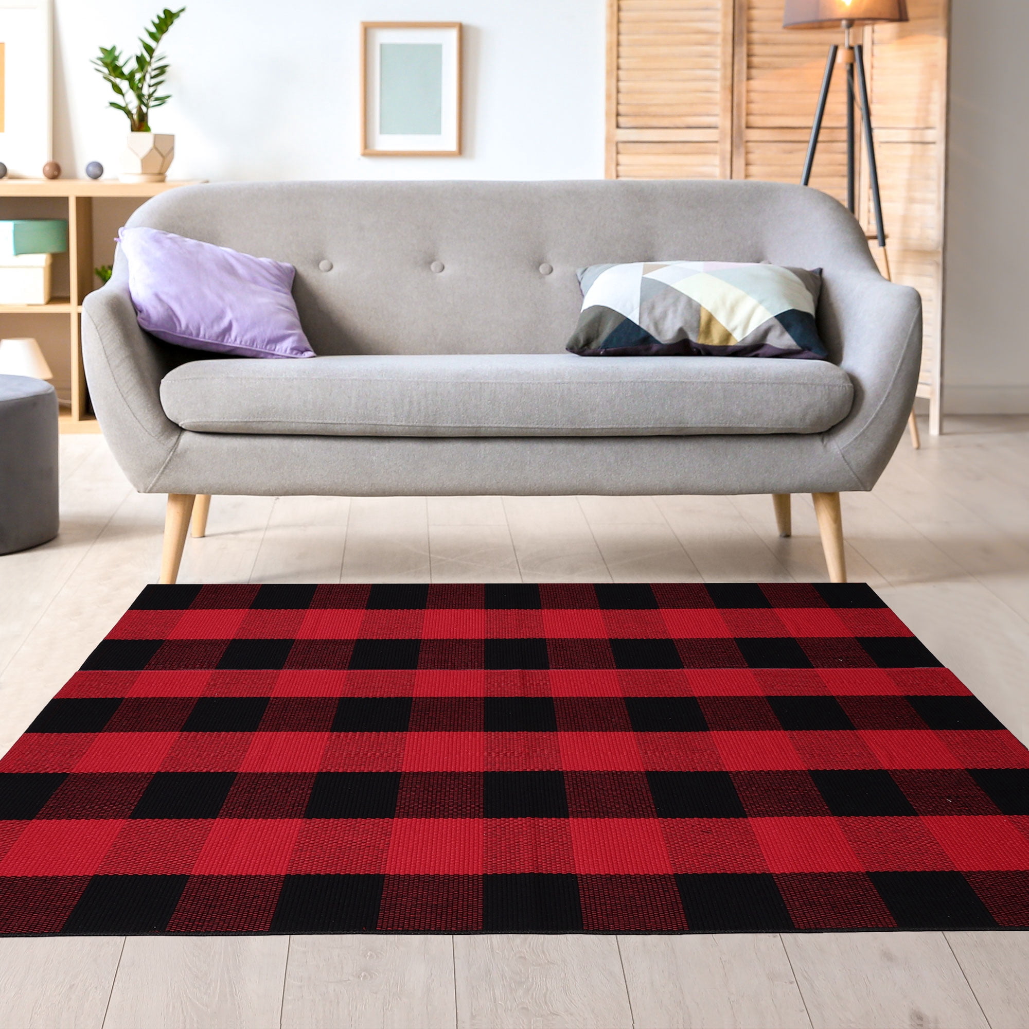 Unique Bargains Cotton Woven Checkered Area Rugs Floor Rug Carpet Mat Red & Black 59"x35"