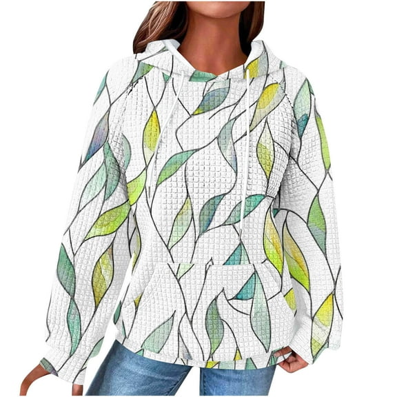 Women's Crewneck Hoodies Fashion Printed Pullover Sweatshirts Drawstring Raglan Hooded Sweaters Fall Long Sleeve Waffle Jacket Outwears Tops with Pocket