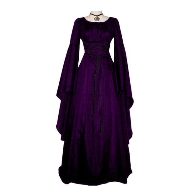 Qarigey Vestido maxi con cinturón de fiesta de manga larga y cuello para mujer Disfraz de Halloween Cosplay Vestidos púrpura XL
