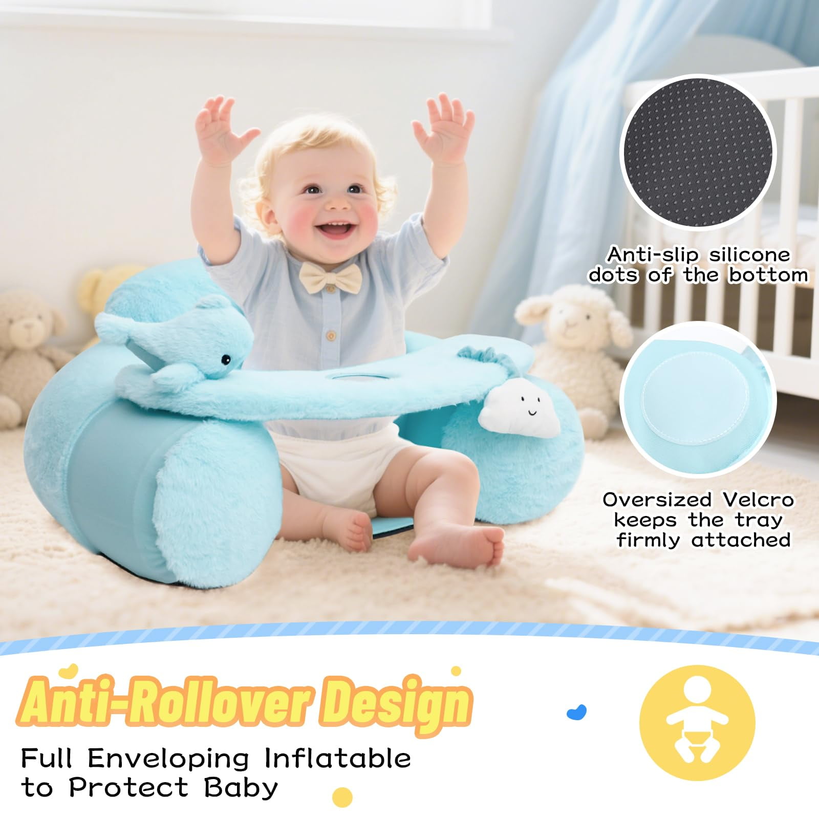 Baby Sit Me Up Seat, Inflatable Baby Seat with Cover for Babies 3-36 Months,Portable,Inflatable Sit & Play Floor Seats for Sitting Up (Blue)