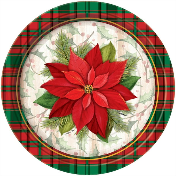 Poinsettia Plaid Christmas Paper Dessert Plates, 7in, 8ct