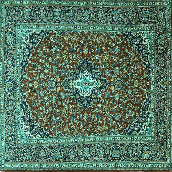Ahgly Company Machine Washable Indoor Square Medallion Turquoise Blue Traditional Area Rugs, 3' Square
