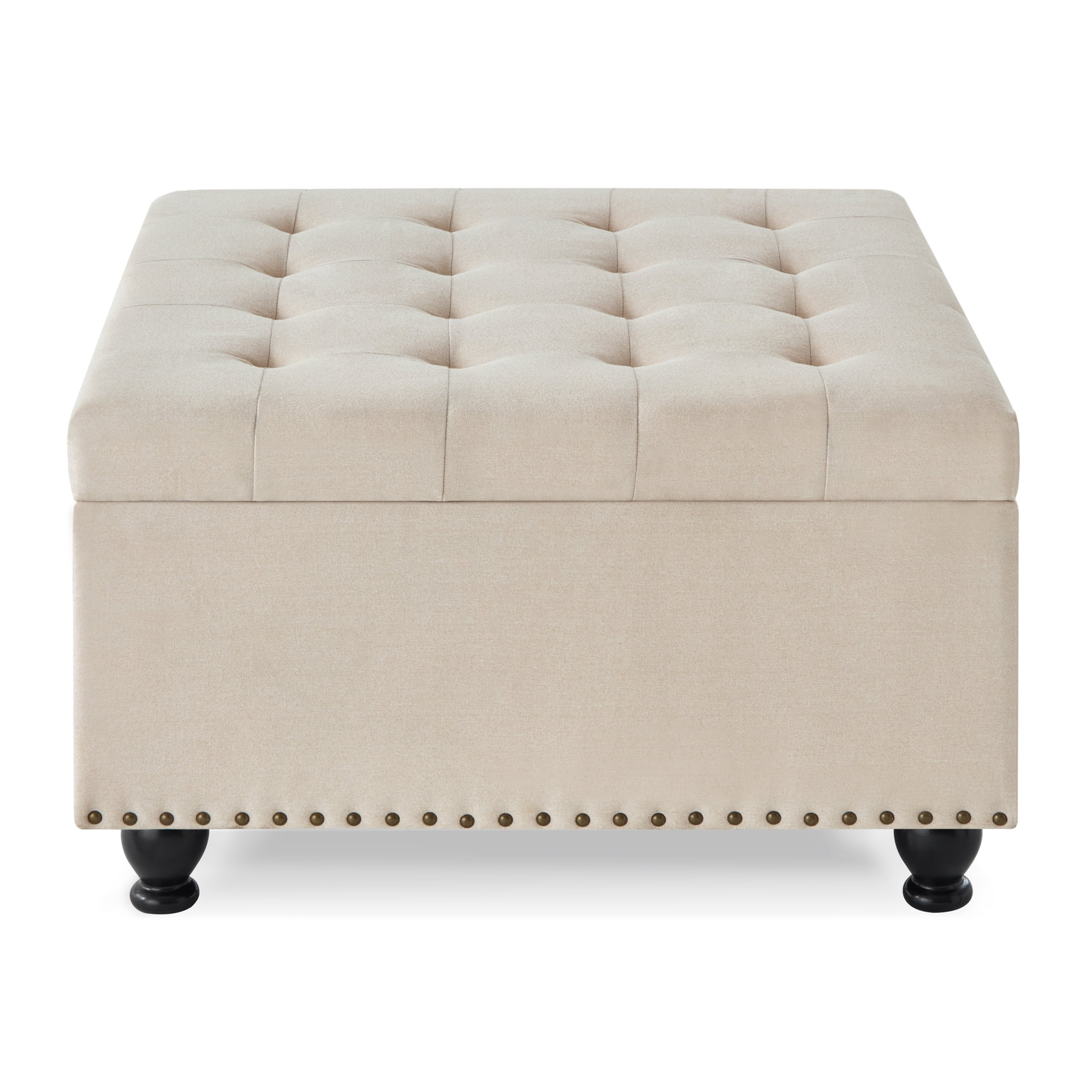 CQSXDA Large Square Storage Ottoman with Wooden Legs, Upholstered Button Tufted Coffee Table with Nail Trims