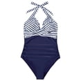 thumbnail image 5 of VISALY Women's One Piece Swimsuit Tummy Control Halter Tankini Bathing Suits V Neck Slimming 1 Piece Swimwear Halter Swimsuit Tummy Control Ruched Front Twist Bathing Suit for Beach Pool Navy L, 5 of 6