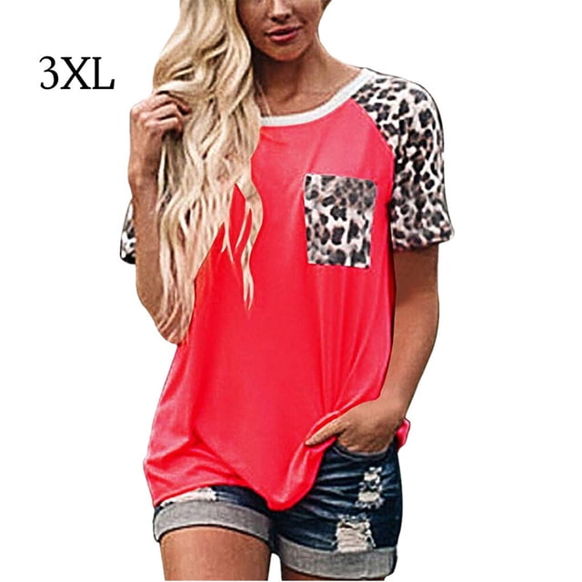 T-Shirt pour Femmes à Col Rond avec Poche, Blouse pour Femmes, T-Shirt pour Femmes, Blouse Imprimée à Manches Courtes, Haut, Rouge, 3TG
