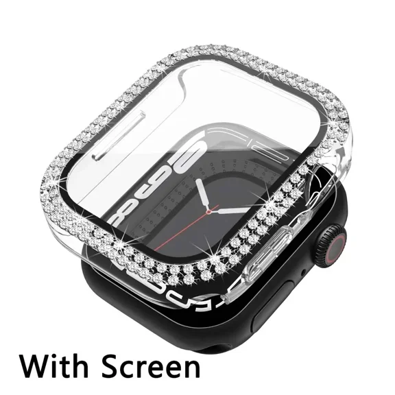 Diamond Cover For Apple watch Case 45mm 41mm 44mm 40mm Tempered Glass Bling Bumper Screen Protector iWatch series 9 8 7 6 5 4 SE