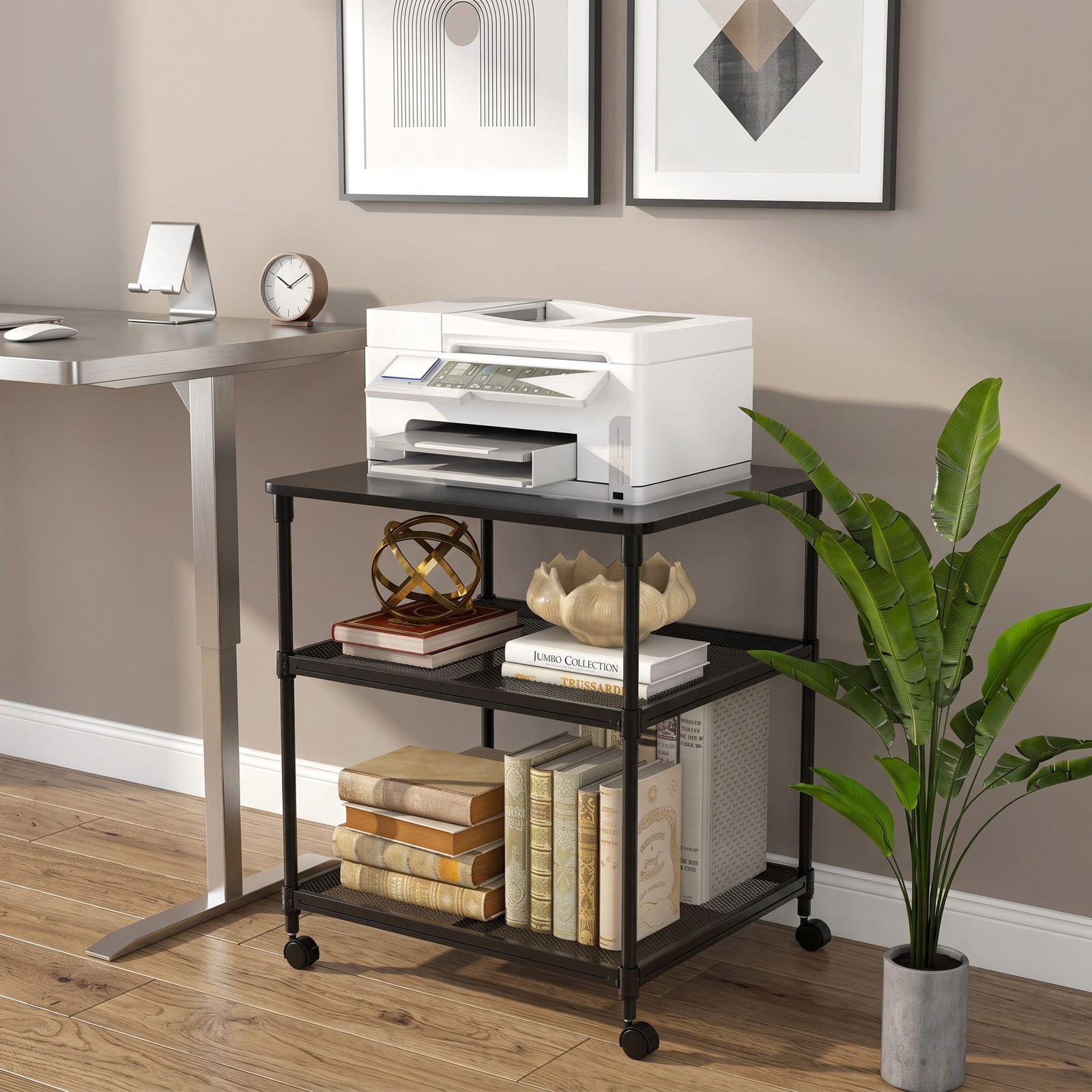 Furnibear 3 Tier Rolling Printer Stand Fax Cart with Adjustable Shelf, Swivel Locking Wheels, Wood Iron Mobile Storage Organizer for Home Office - Black