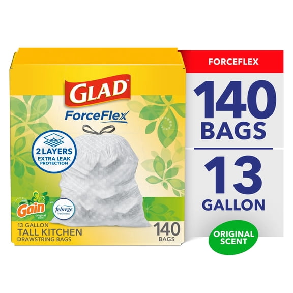 Glad ForceFlex Tall Kitchen Drawstring Trash Bags, 13 Gallon, Gain Original with Febreze Freshness, 140 Bags