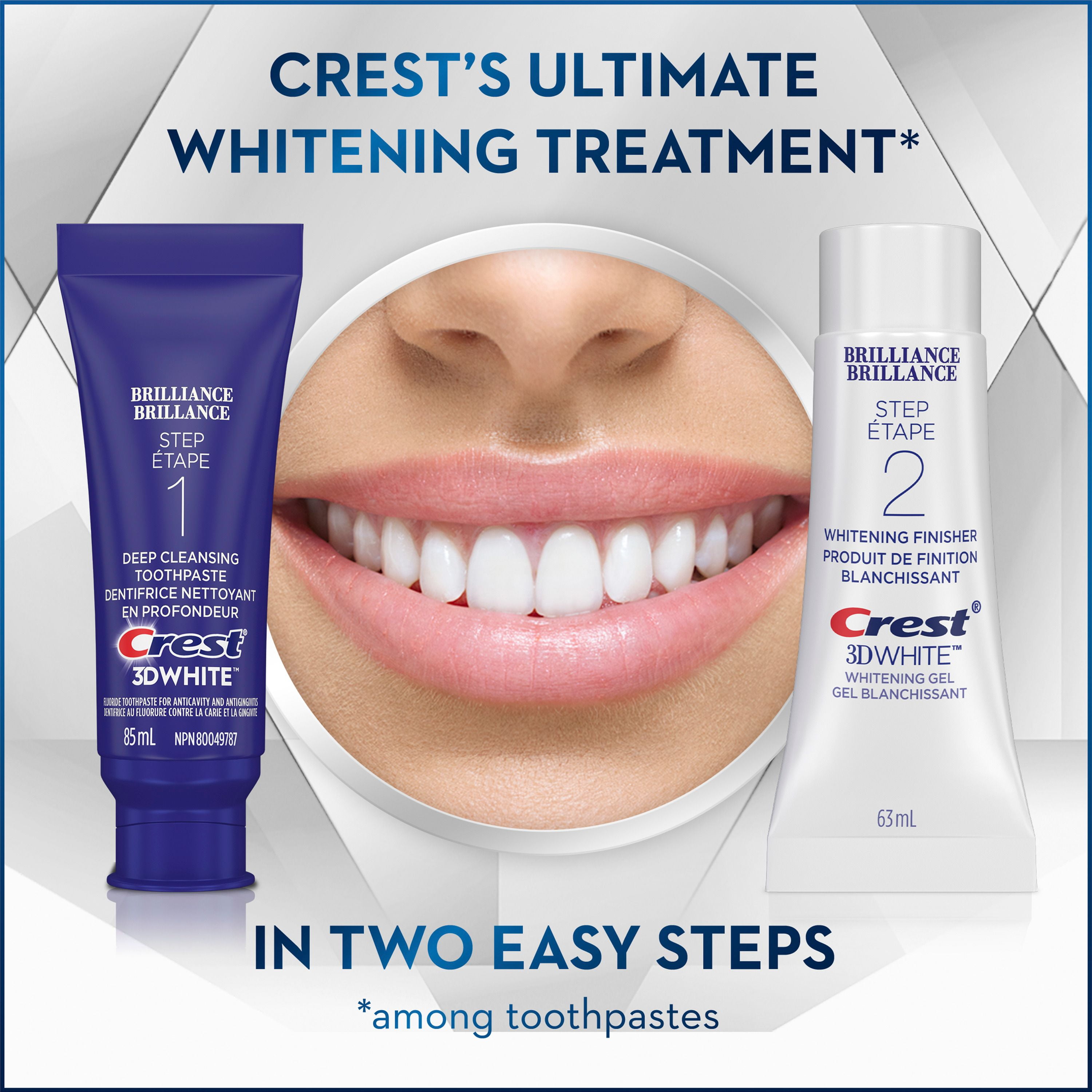 Dentifrice en deux étapes Crest 3D White Brillance + gel blanchissant 1 tube de 85 m (Dentifrice) et 1 tube de 63 ml (Gel)