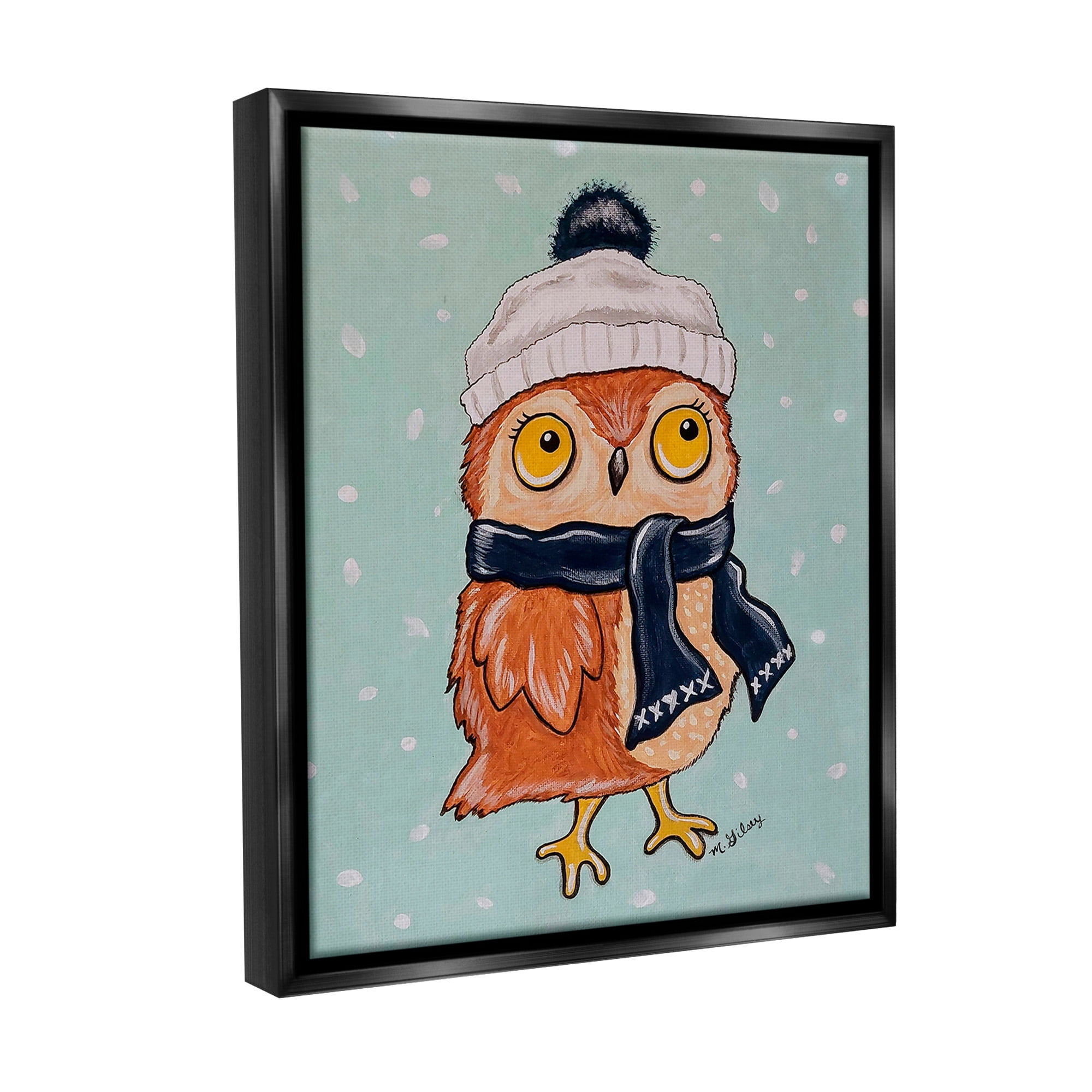 Stupell Industries Owl & Winter Scarf Animals & Insects Painting Black Floater Framed Canvas Art Print Wall Art, 17 x 21