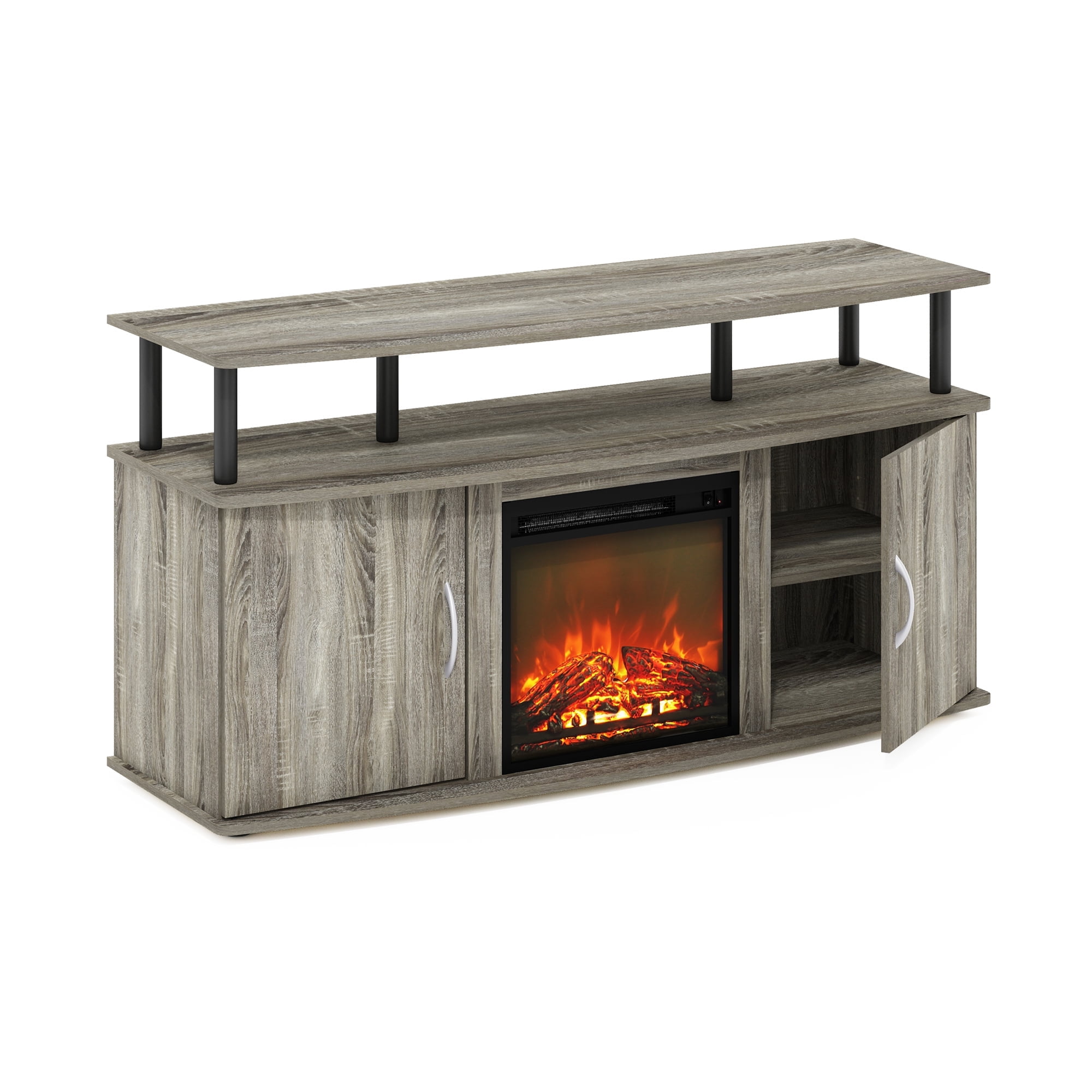 Furinno Jensen Living Room Fireplace Entertainment Center with Doors Storage Cabinet for TV up to 55 Inch, French Oak Grey/Black
