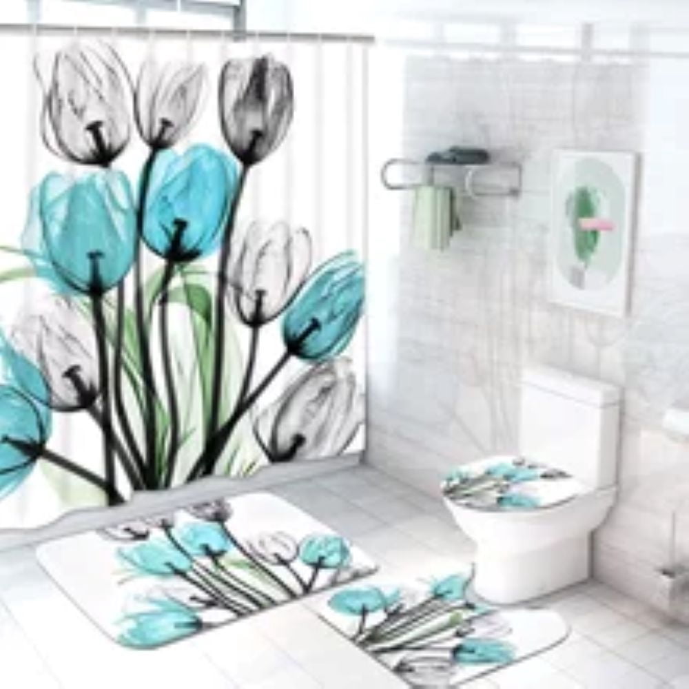 Heavenly Designs Watson Bathroom Accessories - Elegant Tulip 5-Piece Shower Curtain Set – Light Blue, Black & Gray Floral Design