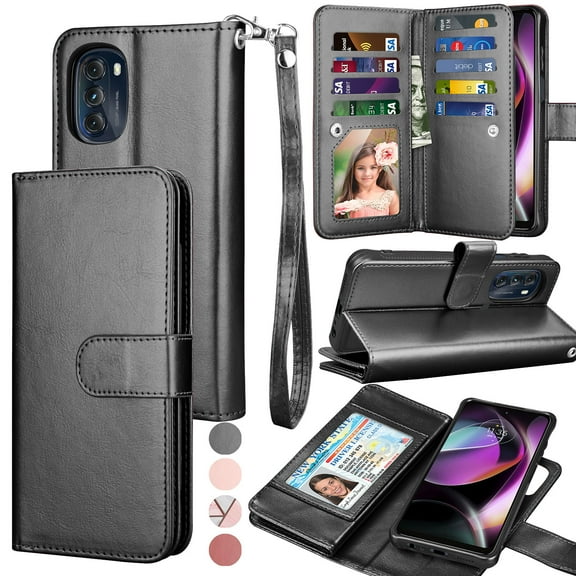 EBIZCITY for Motorola Moto G 5G 2022 Case, Wallet Detachable Magnetic Cover 9 Card Slots Holder with Wrist Strap Kickstand (Black)
