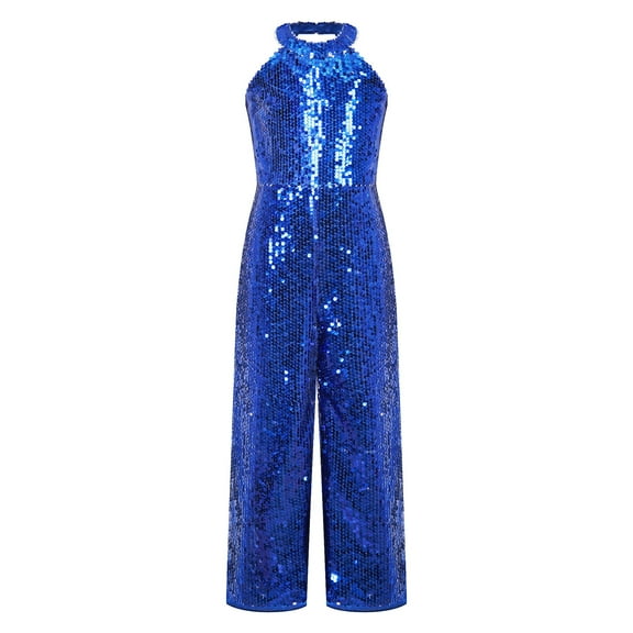 YONGHS Kids Girls Shiny Sequins Dance Jumpsuit Pageant Romper Latin Jazz Ballet Leotard Royal Blue 14