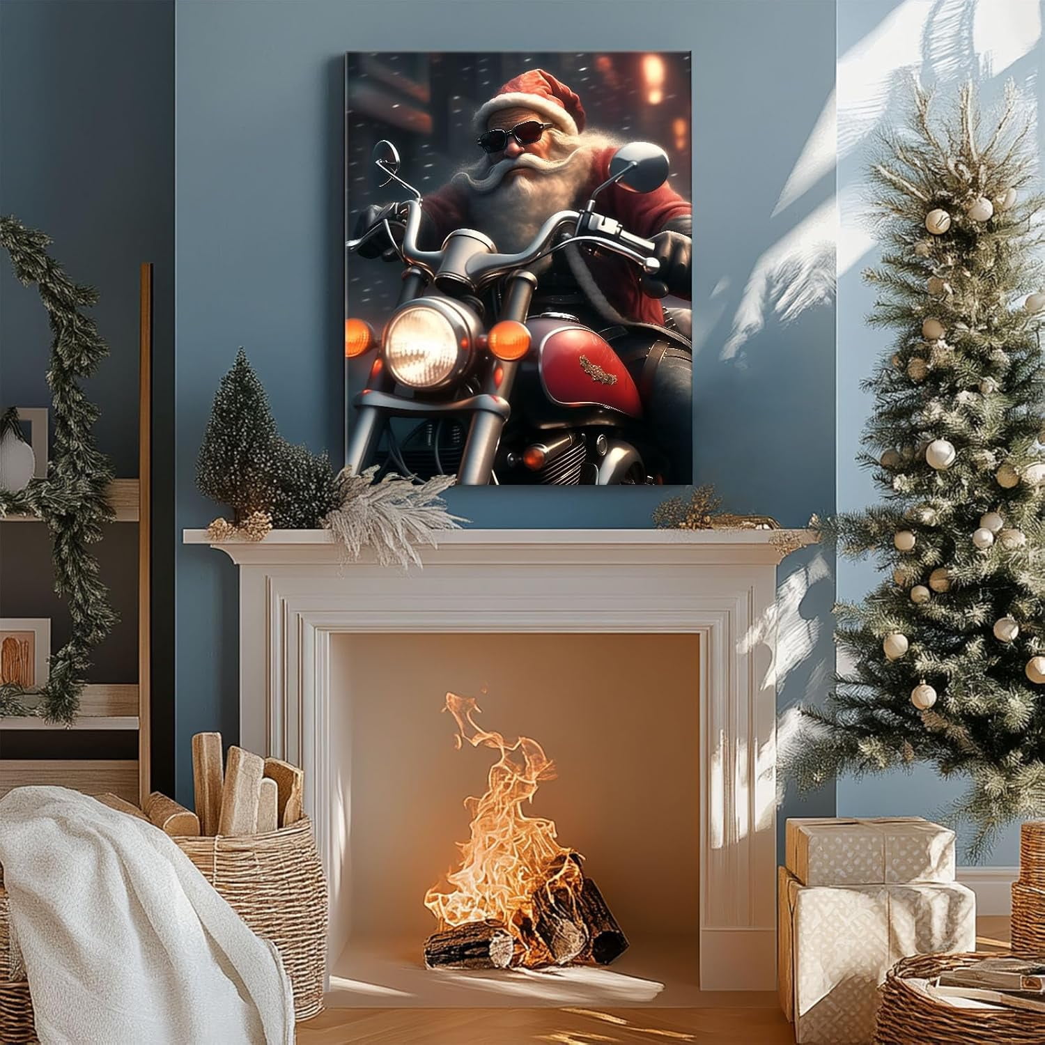 Christmas Cool Santa on Motorcycle Canvas wall art decor, Festive Wall Art for Living Room or Office, Unique Holiday Decor to Add a Fun and Modern Twist to Your Christmas Decorations 16X20inch