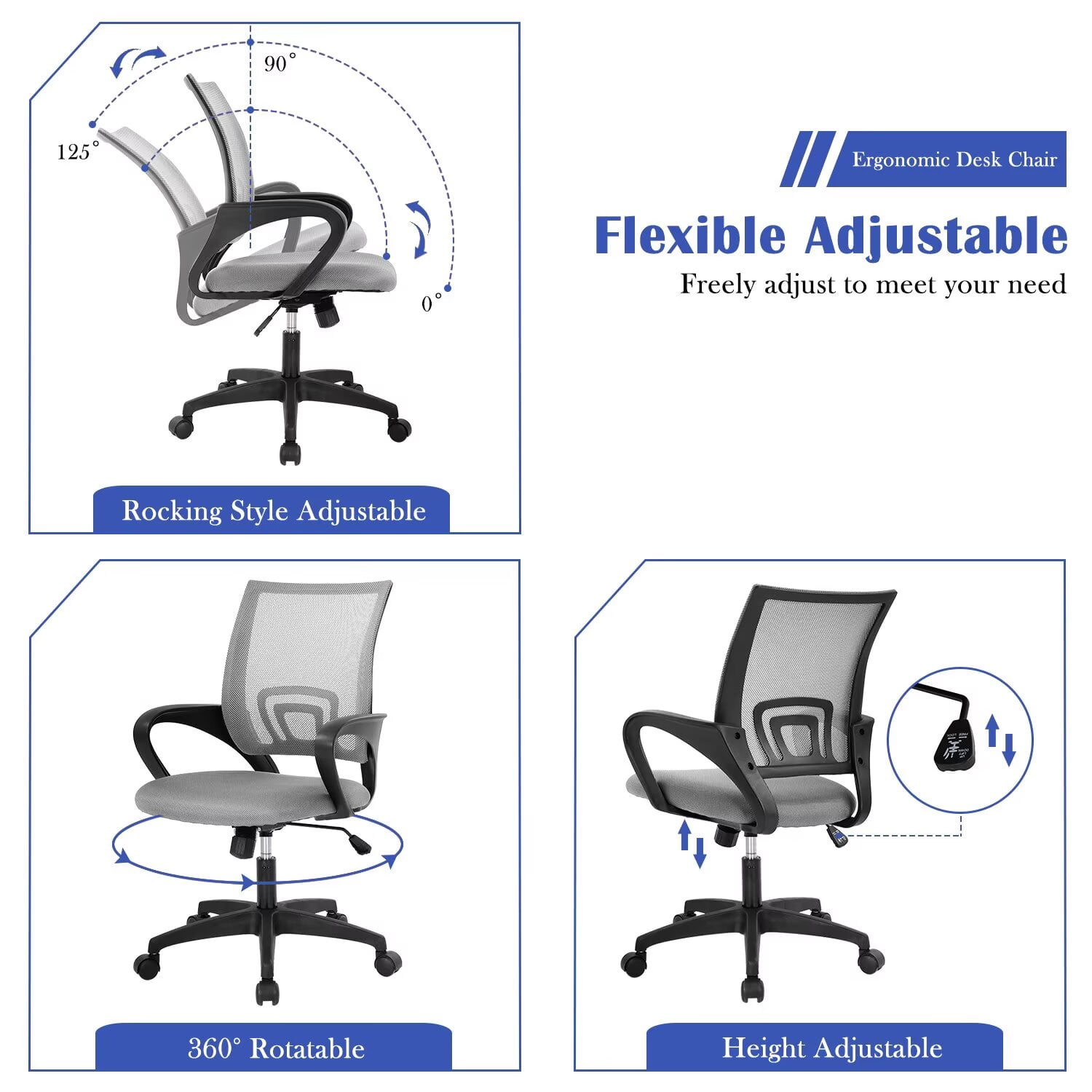 YRLLENSDAN,Ergonomic Office Chair,Home Office Desk Chairs,Swivel Desk Chair,with Handrails,Adjustable Height,Suitable for Offices and Bedrooms,Grey