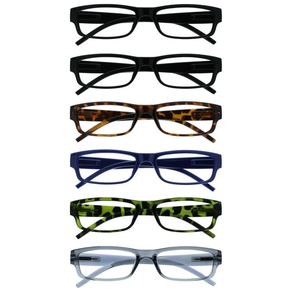 OPULIZE ACE Reading Glasses 6 Pack - Classic Everyday Narrow Frame - Scratch Resistant Spring Hinges - Black Brown Blue Green Grey - Mens Womens - RRRRRRR32-112367 -  1.00