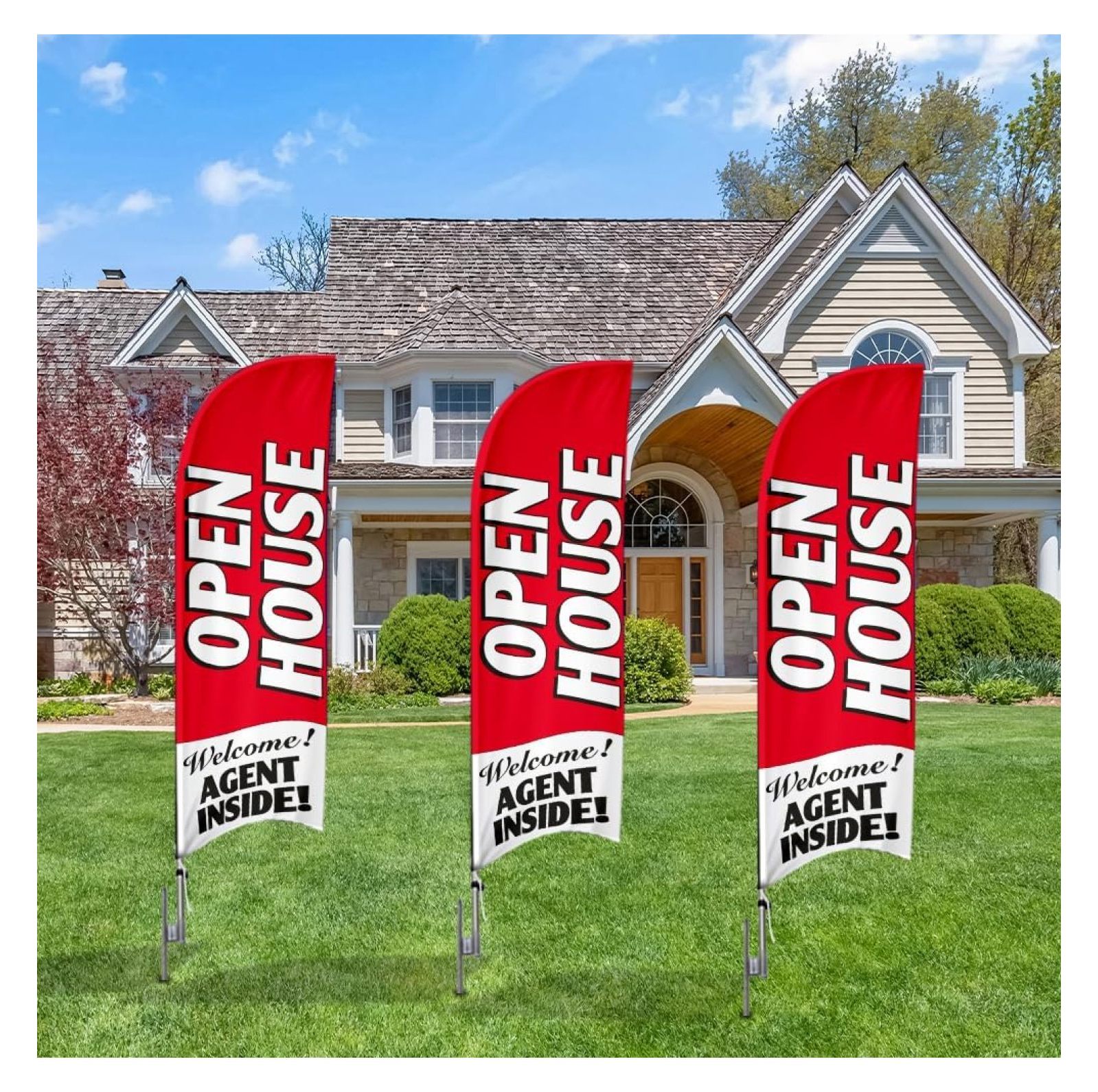 3-Pack Open House (Red) 6ft Banner Flag with 8ft Kits, Includes Flag Poles, and Ground Stakes, Signs for Real Estate Agents Outdoor at lawn home for sale. Multicolor