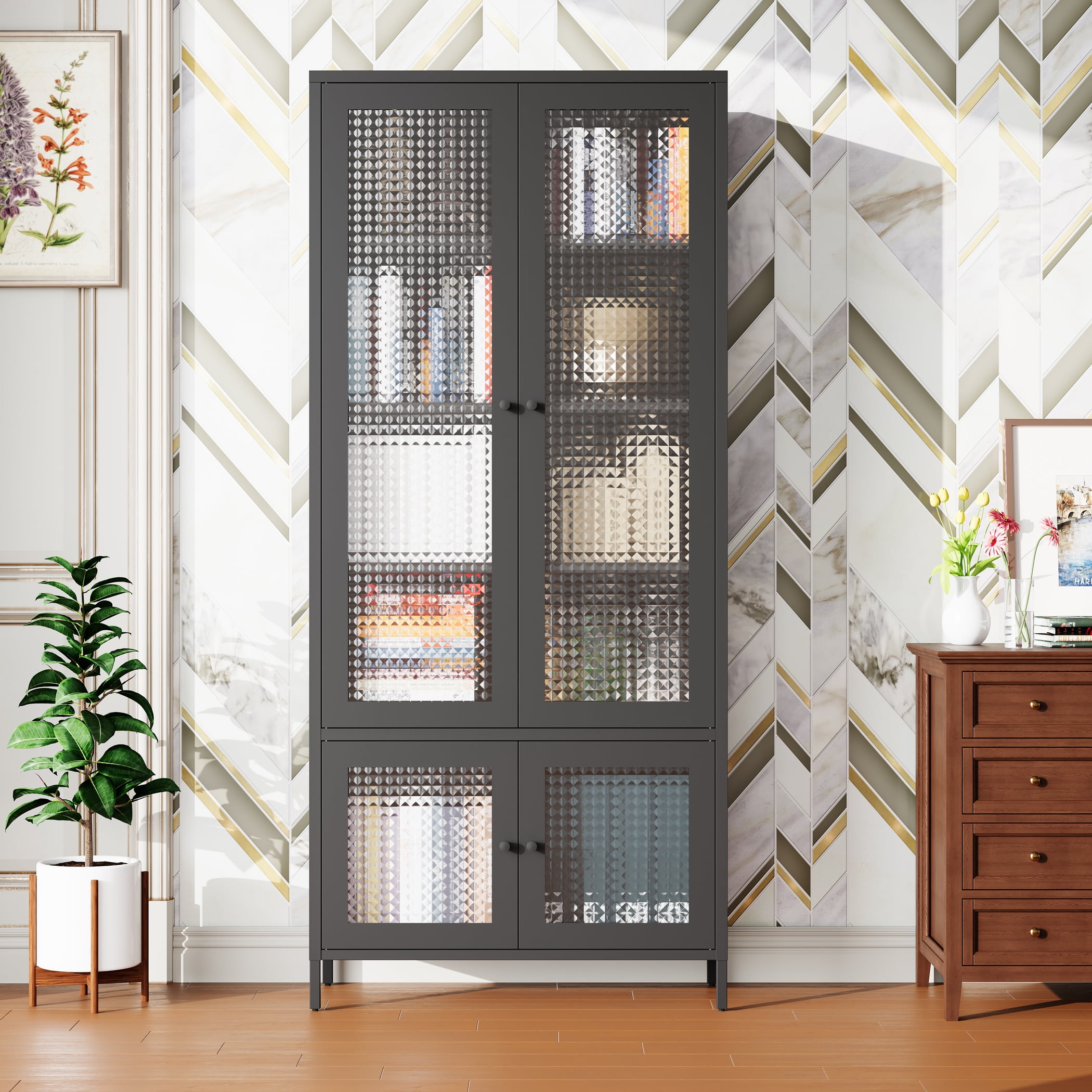 Large Metal Storage Cabinet Display Cabinet with 4 Glass Doors 5 Shelves Side Cabinet Bookcase Freestanding Cabinet for Bedroom Living Room Pantry Home Office - Black, Waffle
