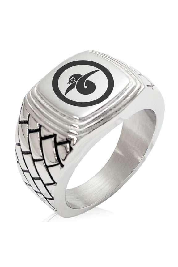 Stainless Steel Akai Samurai Crest Geometric Pattern Step-Down Biker Style Polished Ring