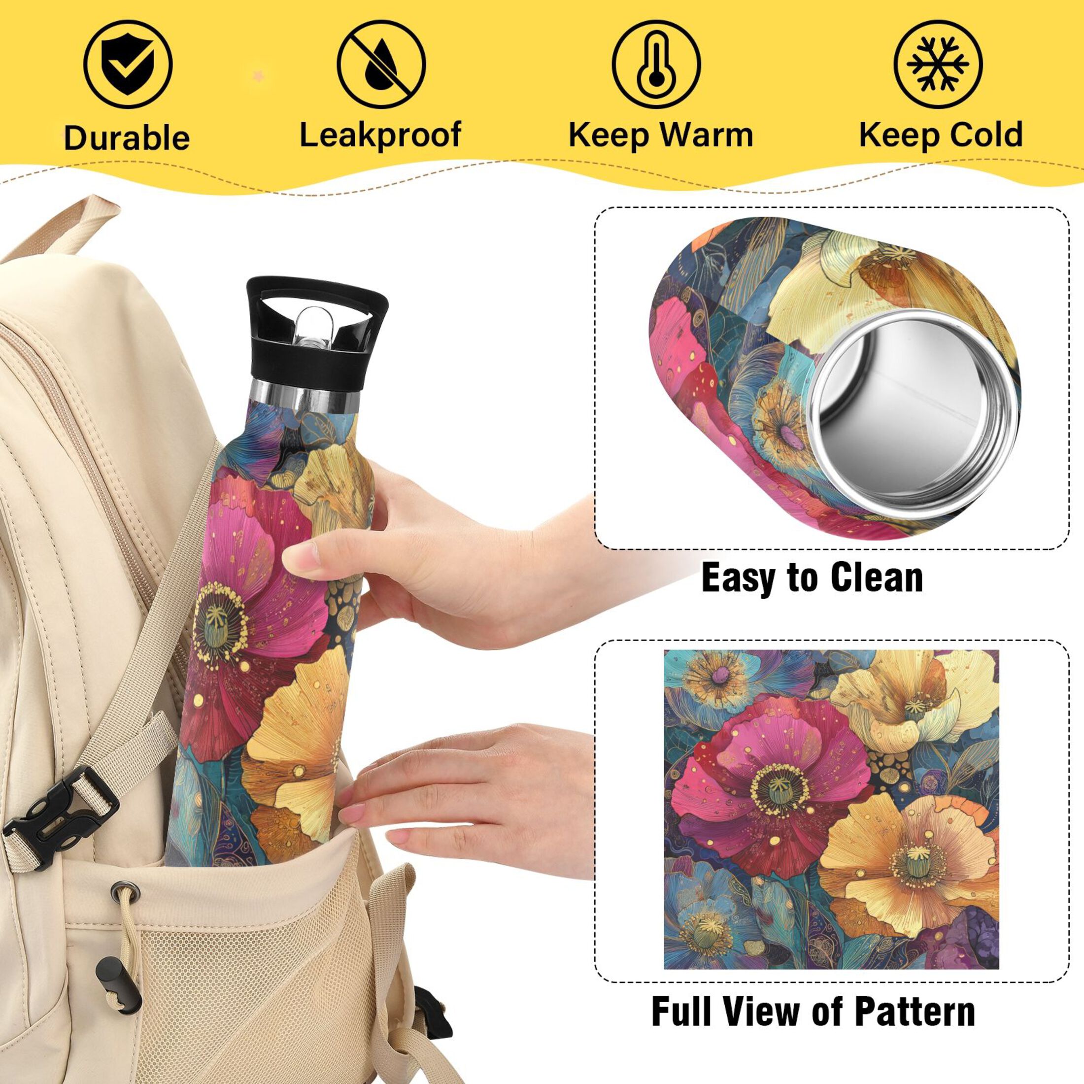 Kids Insulated Stainless Steel Sports Water Bottle 600ml (20oz) Vibrant and Intricate Flowers