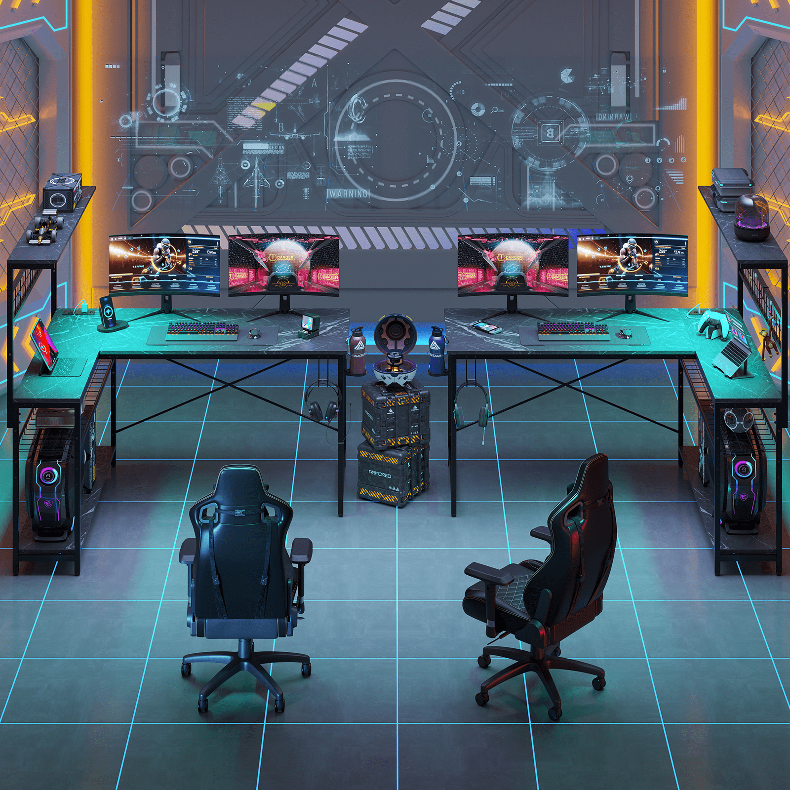 Bestier 51 L Shaped Gaming Desk with Power Outlets, LED Workstation with 4 Tiers Shelves for Home Office, Gamer Reversible Table with Hooks and Cup Holder, Black Marble