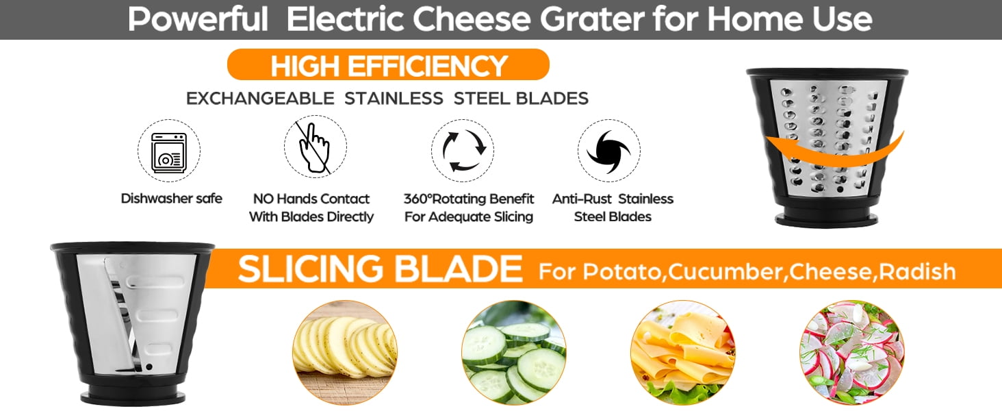 Qhomic Electric Cheese Grater,5 in-1 Professional Electric Vegetable Slicer  Rotary Electric Gratersr/Salad/Chopper/Shooter with One-Touch Control with