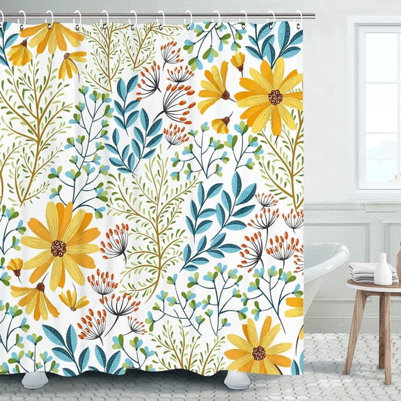 Floral Shower Curtain, Yellow Floral Shower Curtain, Shower Curtain Set with 12 Hooks, Decorative Colorful Flowers Blue Leaves Bathroom Accessories, Machine Washable, 72" W X 78" H