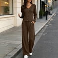 thumbnail image 2 of Women's 2 Piece Casual Knit Set V Necklinen Full Buttom Down Top Wide Leg Pants Casual Suits for Fall Brown 2XL, 2 of 6