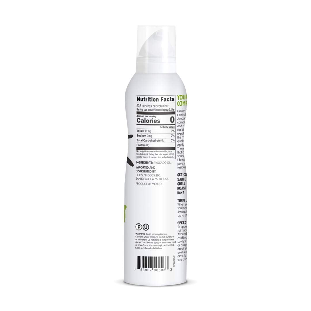 Chosen Foods 100% Pure Avocado Oil Spray 4.7 oz. (2 Pack), Non-GMO, 500°F Smoke Point, Propellant-Free, Air Pressure Only for High-Heat Cooking, Baking and Frying