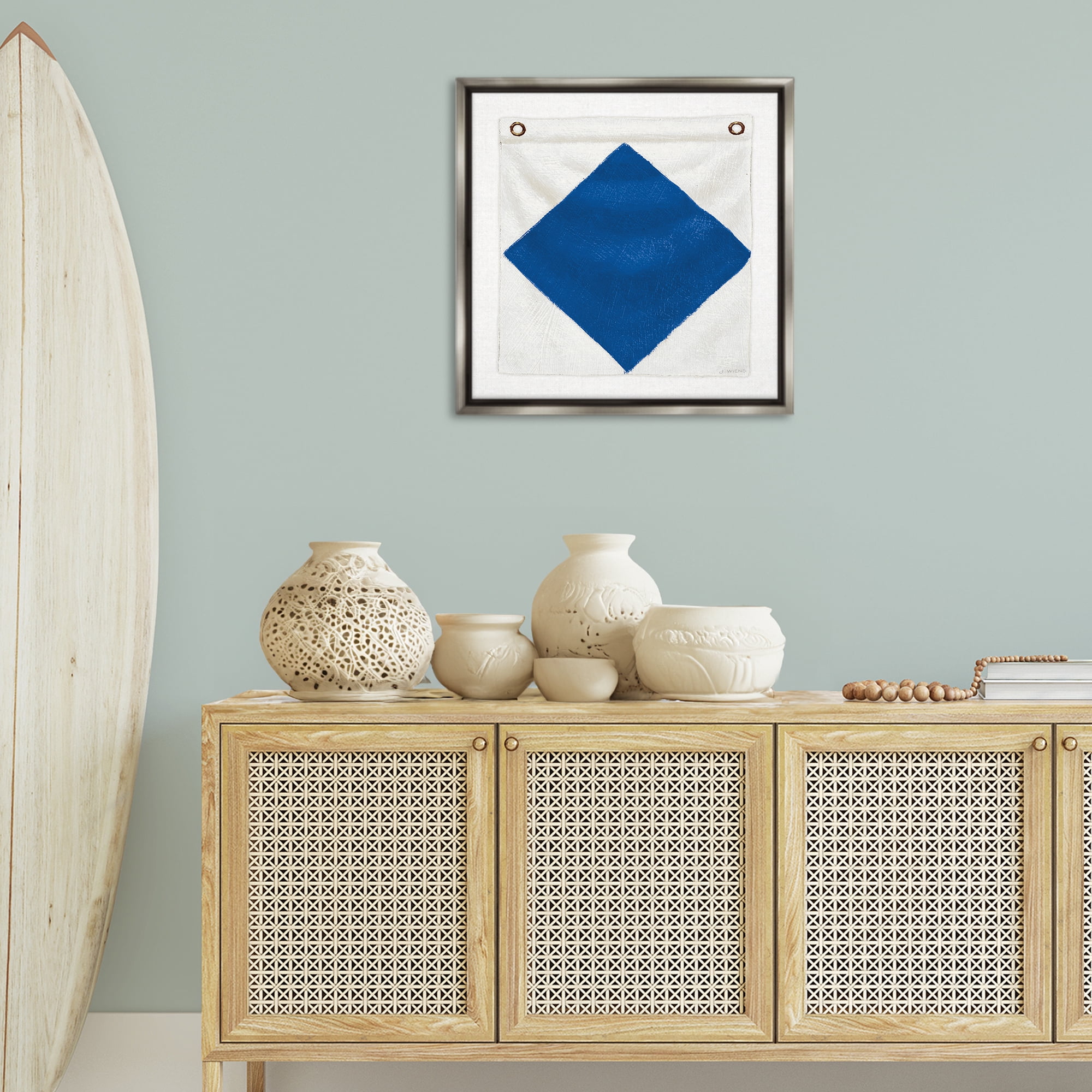 Stupell Industries Blue & White Nautical Flag Nautical & Beach Painting Gray Floater Framed Canvas Art Print Wall Art, 25 x 25