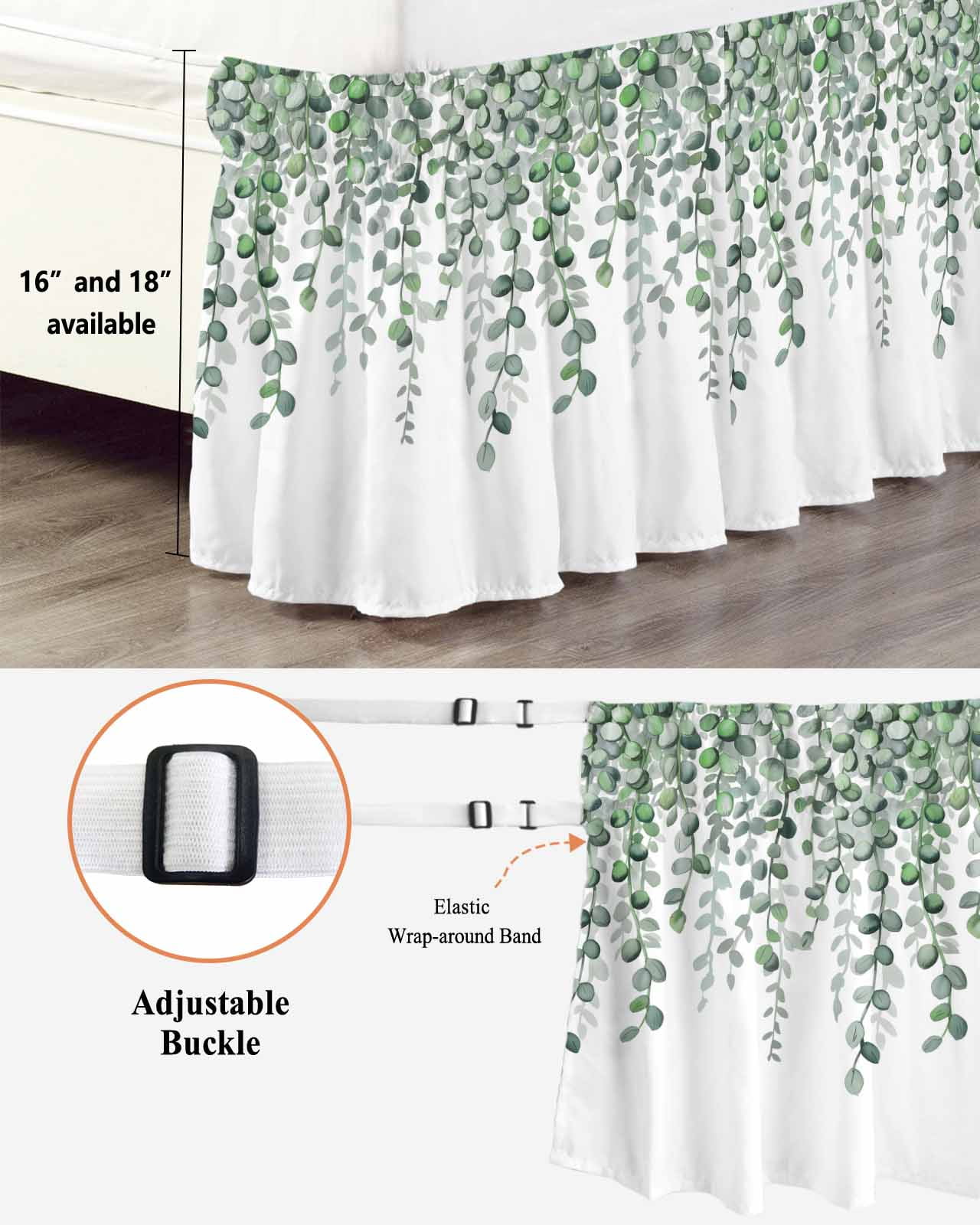 Spring Leaf Bed Skirt King Size 16 Inch Drop, Country Watercolor Green Eucalyptus Leaves Flora Plant Adjustable Elastic Dust Ruffles Bedskirt for King Bed Wrap Around Pleated Mattress Frame Cover