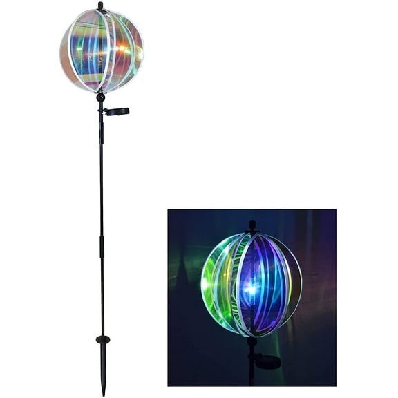 In the Breeze 2657 — 11 Inch Iridescent Gazing Ball Spinner with Solar Light — Wind Spinner for Yards and Gardens, Night Light