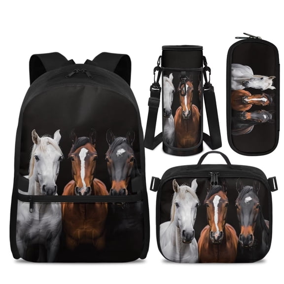 HUIACONG Kids School Backpack Set 4-IN-1 Dark Horses for Boys Girls Ages 6-10 Lightweight 300g Bookbag Detachable Insulated Lunch Box Pencil Case Water Bottle Holder