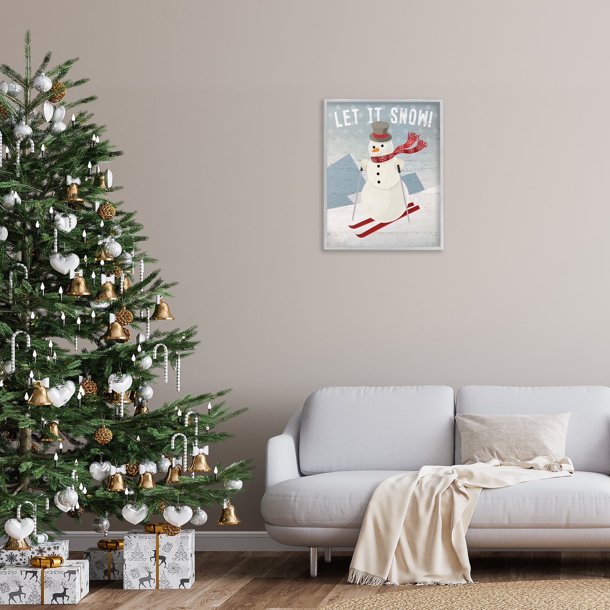 Stupell Industries Skiing Snowman on Slopes Holiday Painting Gray Framed Art Prints Wall Art, 24 x 30