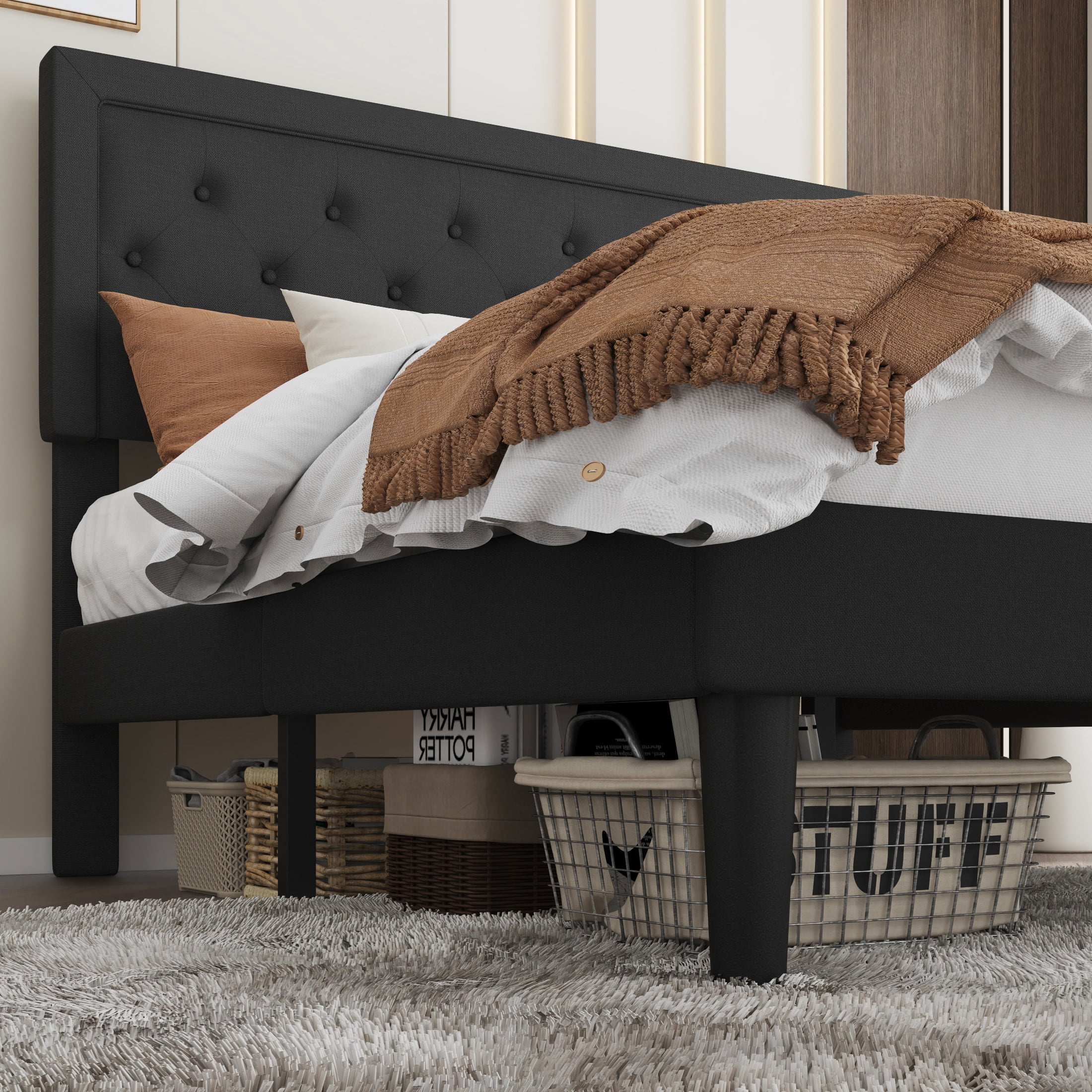 SHA CERLIN Queen Bed Frame with Adjustable Headboard, Fabric Upholstered Platform Bed, No Box Spring Required, Black