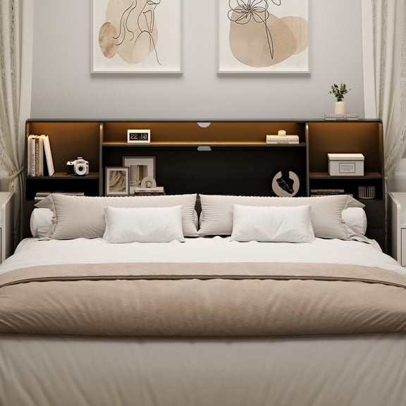 Someet King Headboard with Storage, Bookcase Headboards with 2 USB & 2 Type-C Port & Power Outlets & LED Light, Durable and Sturdy, Black