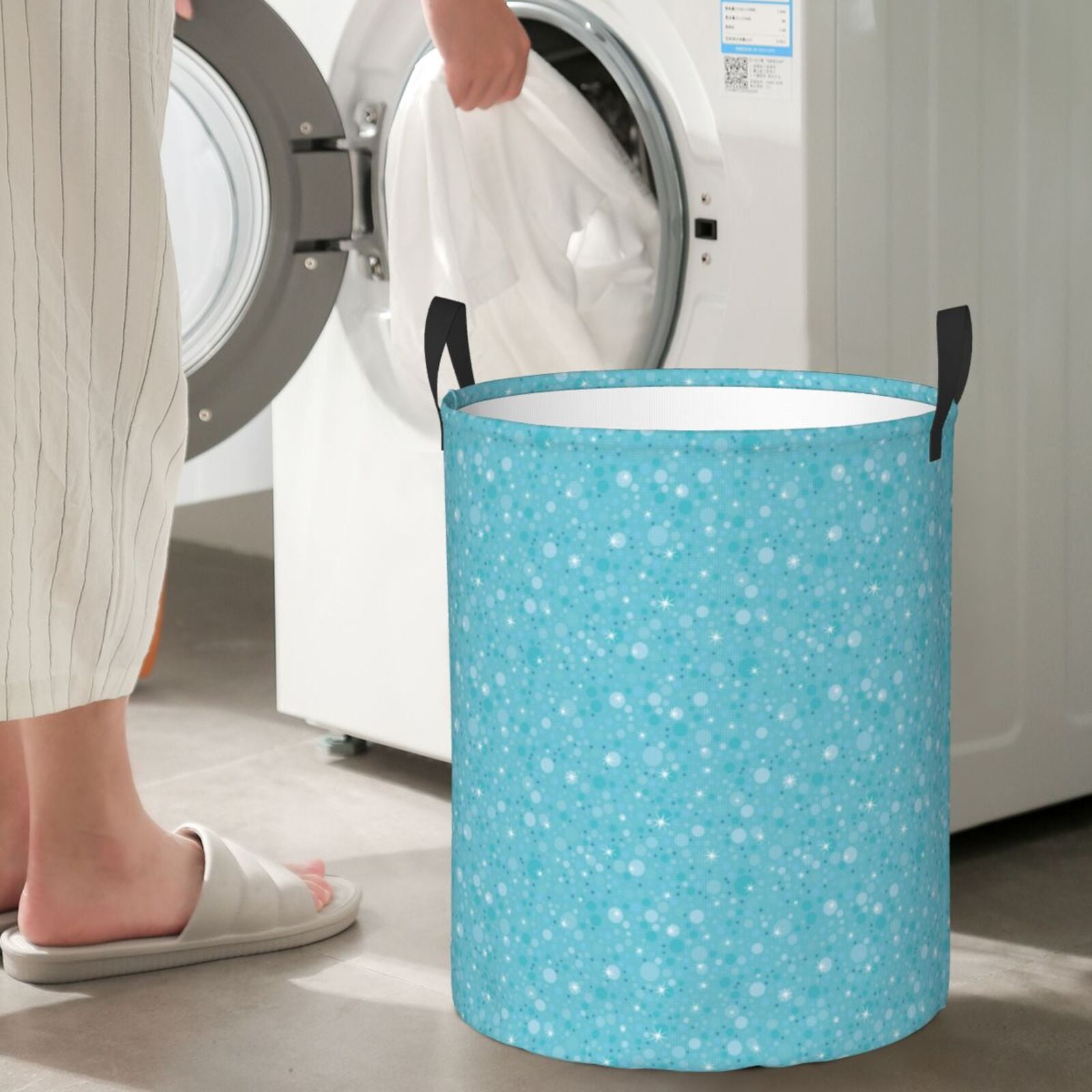 Large Laundry Basket with Handles - Light Blue Glitter Patterns Kids Baby Dirty Clothes Laundry Hamper for Bedroom Aesthetic