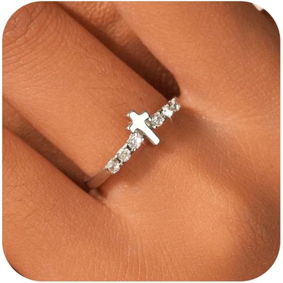 Sterling Silver Plated Cross Pray Rings for Women Non Tarnish Dainty CZ Faith Ring Trendy Stackable Eternity Promise Ring to Daughter Birth Confirmation Baptism Halloween Christian Jewelry Gifts